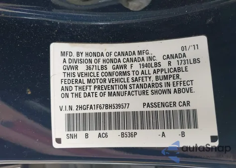 2011 Honda Civic Lx-S z USA, uszkodzony, nr VIN 2HGFA1F67BH539577